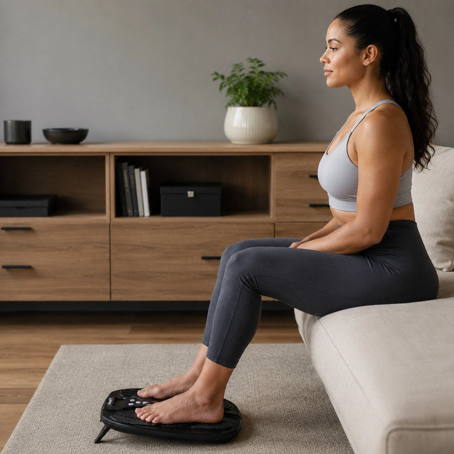 A woman in a light gray sports bra and dark gray leggings sits on a beige sofa in a modern living room, using a black foot-based fitness scale on the floor.