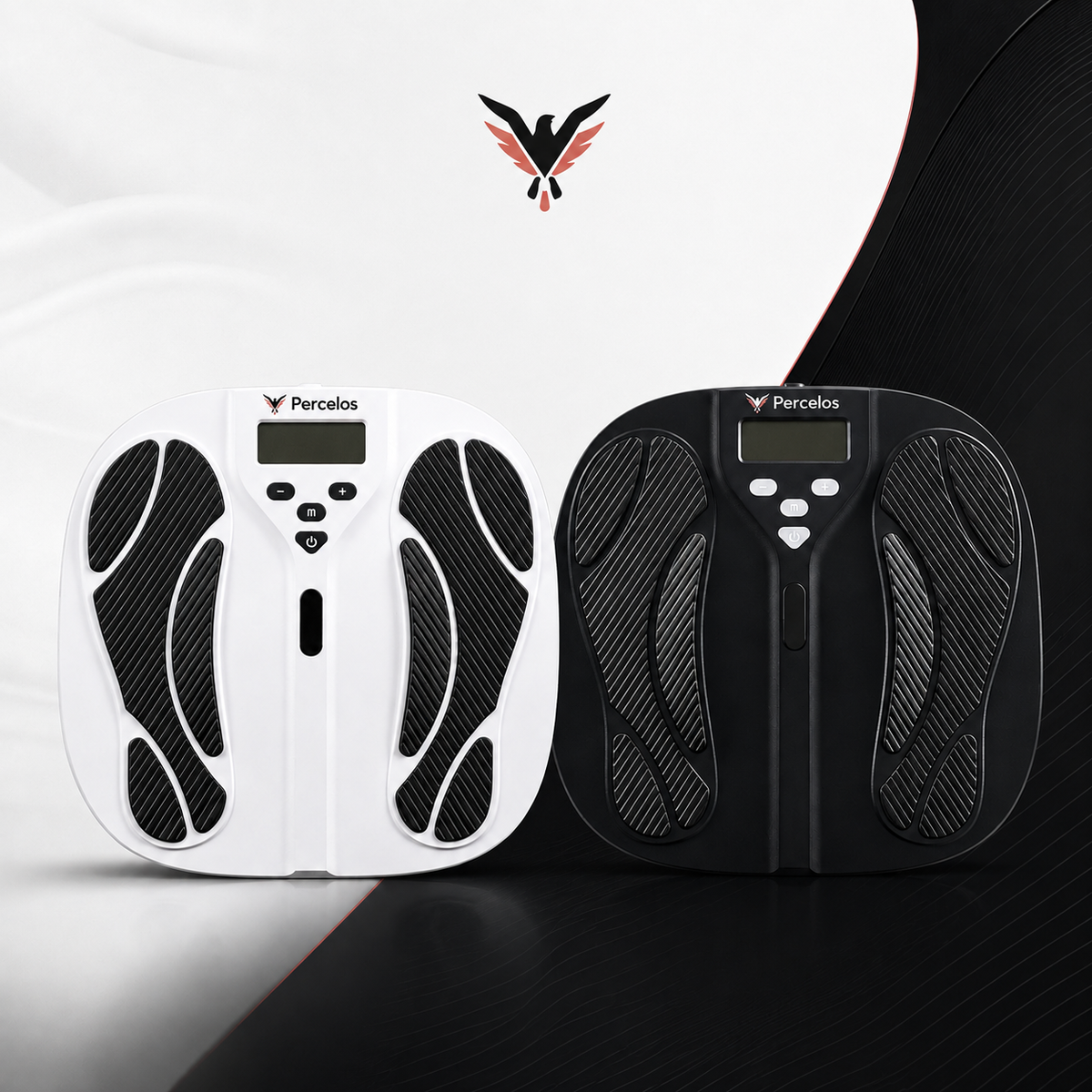 Percelos product comparison banner featuring a white and a black EMS foot massager side by side on a modern split white-and-black background. The Percelos logo appears at the top and on each device, highlighting the two available color options with a clean, premium design.